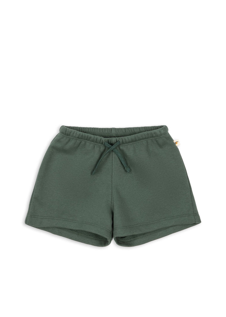 dunkelgrüne Shorts für Kinder aus Baumwolle in Jersey-Qualität mit Gummibund und Kordelzug, Produktbild, Ansicht Vorderseite
