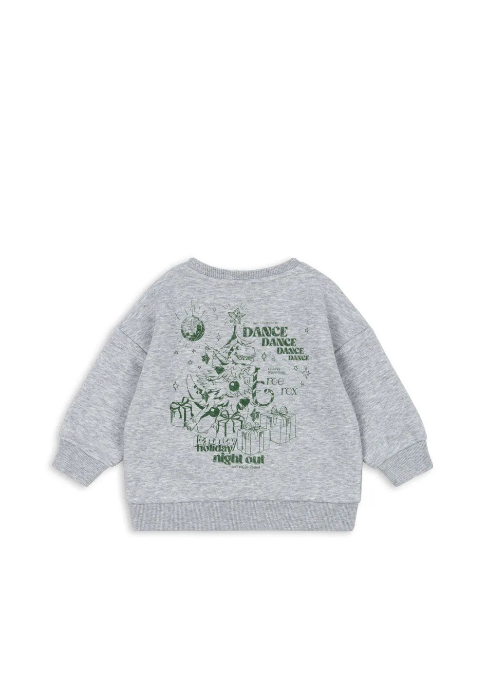 graues Sweatshirt für Jungen aus Baumwolle mit grünem Dino-Weihnachtsbaum-Print auf dem Rücken