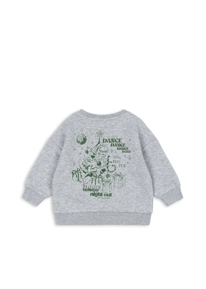 graues Sweatshirt für Jungen aus Baumwolle mit grünem Dino-Weihnachtsbaum-Print auf dem Rücken