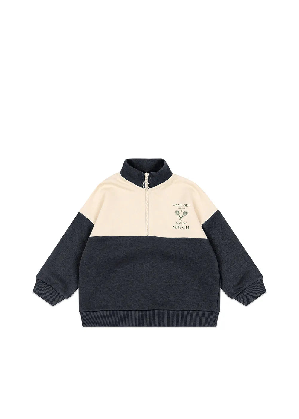 Sweatshirt für Jungen aus bio-Baumwolle in dunkelbalu und creme mit halbhohem Reißverschluss