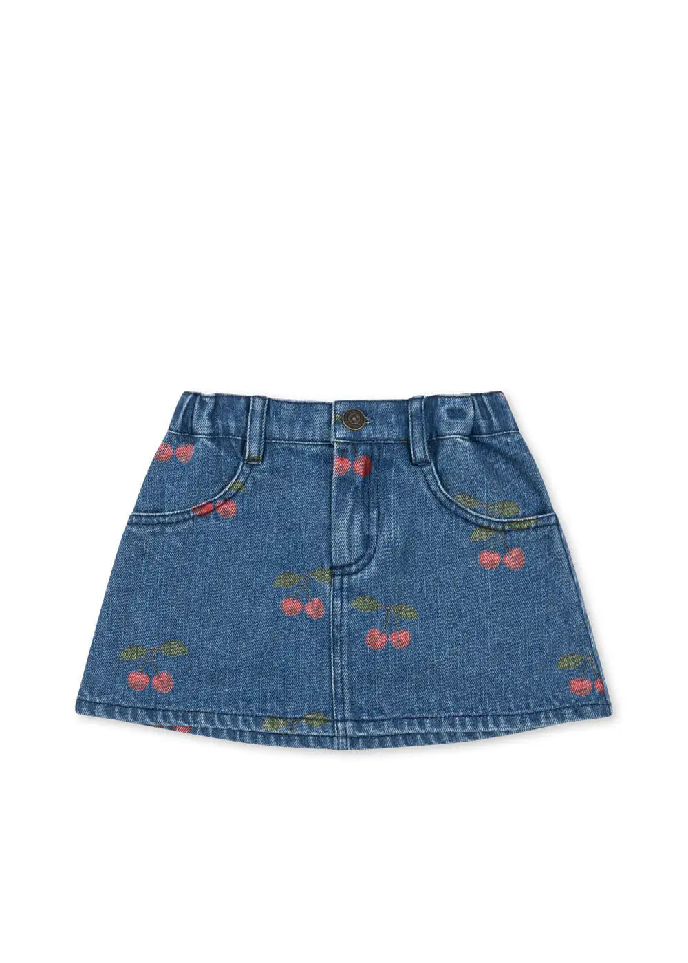 denimblauer Jeansrock für Mädchen aus Baumwolle mit Kirschprint, Gummibund, Knopf- und Reißverschluss und zwei seitlichen Eingriffstaschen. Produktbild, Ansicht von vorne.