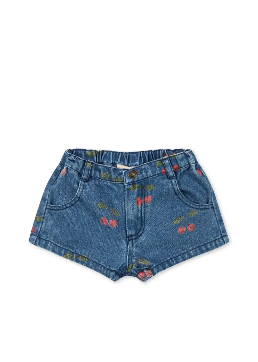denimblaue Jeans-Shorts für Mädchen aus Baumwolle mit aufgedruckten Kirschen, Gummibund, Knopf- und Reißverschluss und zwei seitlichen Eingriffstaschen. Produktbild, Ansicht von vorne