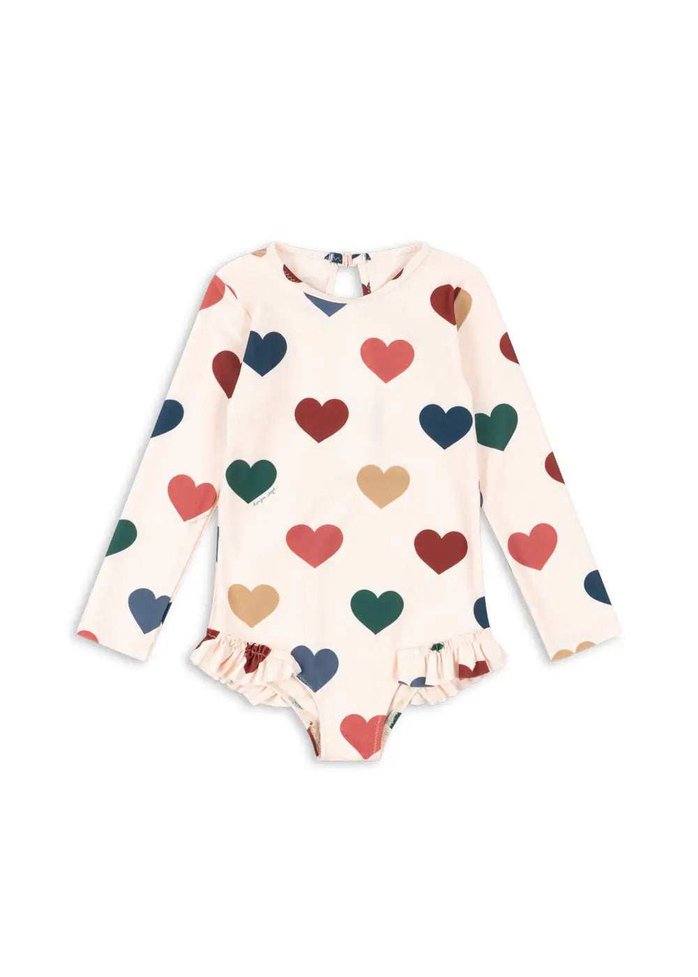 cremefarbener, langärmeliger Badeanzug für Mädchen mit buntem Herz-Allover-Print, Rundhalsausschnitt und Rüschen an den Beinausschnitten. Produktbild, Ansicht von vorne. 