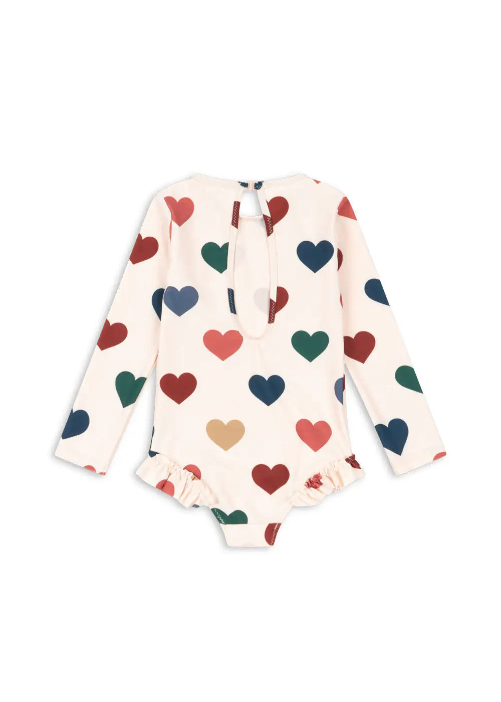 Konges Sloejd Manuca LS Swimsuit GRS bon coeur coloré Produktbild, Ansicht der Rückseite, Verschlussclip im Nackenbereich. 