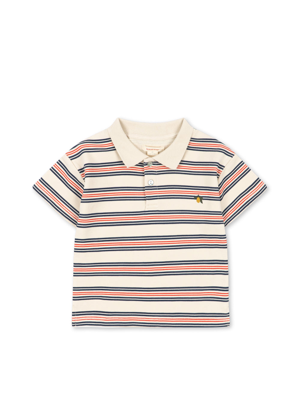 cremefarbenes Poloshirt für Jungen aus 100% Biuo-Baumwolle mit rot-blauen Querstreifen, klassischem Polokragen und Knopfleiste und einer aufgestickten kleinen Zitrone auf Höhe der linken Brust