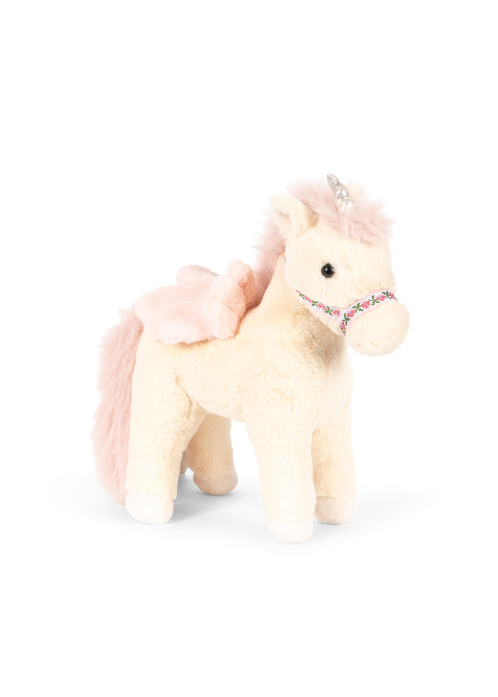 weißes Einhorn-Kuscheltier mit rosafarbenen Flügeln und Schweif, silberfarbenem Einhorn und geblümten Zaumzeug. Circa 38 cm hoch. Produktbild, Ansicht von der Seite / vorne.