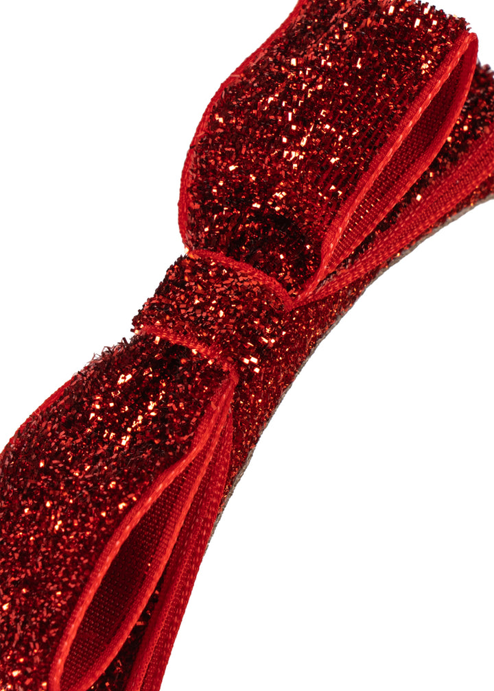 Konges Sloejd Velvet Bow Hairbrace red glitter Detailansicht Schleife aus Samt mit Glitzer. 
