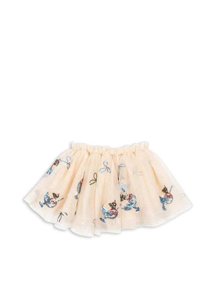Konges Sloejd Yvonne Skirt gelato Ansicht von hinten mit auf der gesamten Fläche aufgestickten Eisbechern aus bunten Pailletten