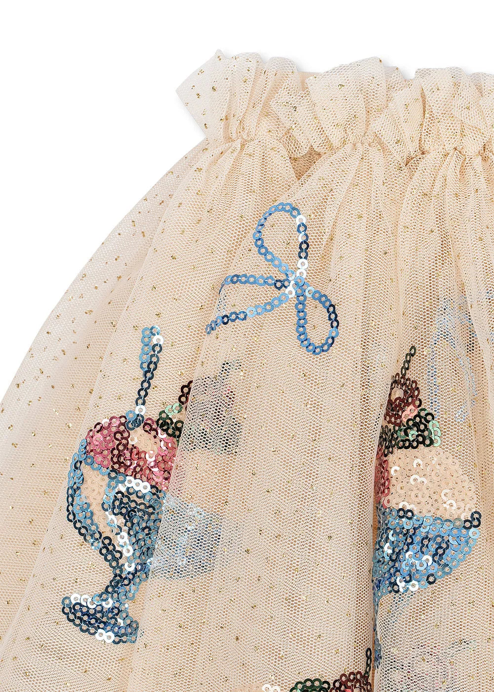 Konges Sloejd Yvonne Skirt gelato Detailaufnahme Gummibund und aufgestickte Eisbecher aus bunten Pailletten