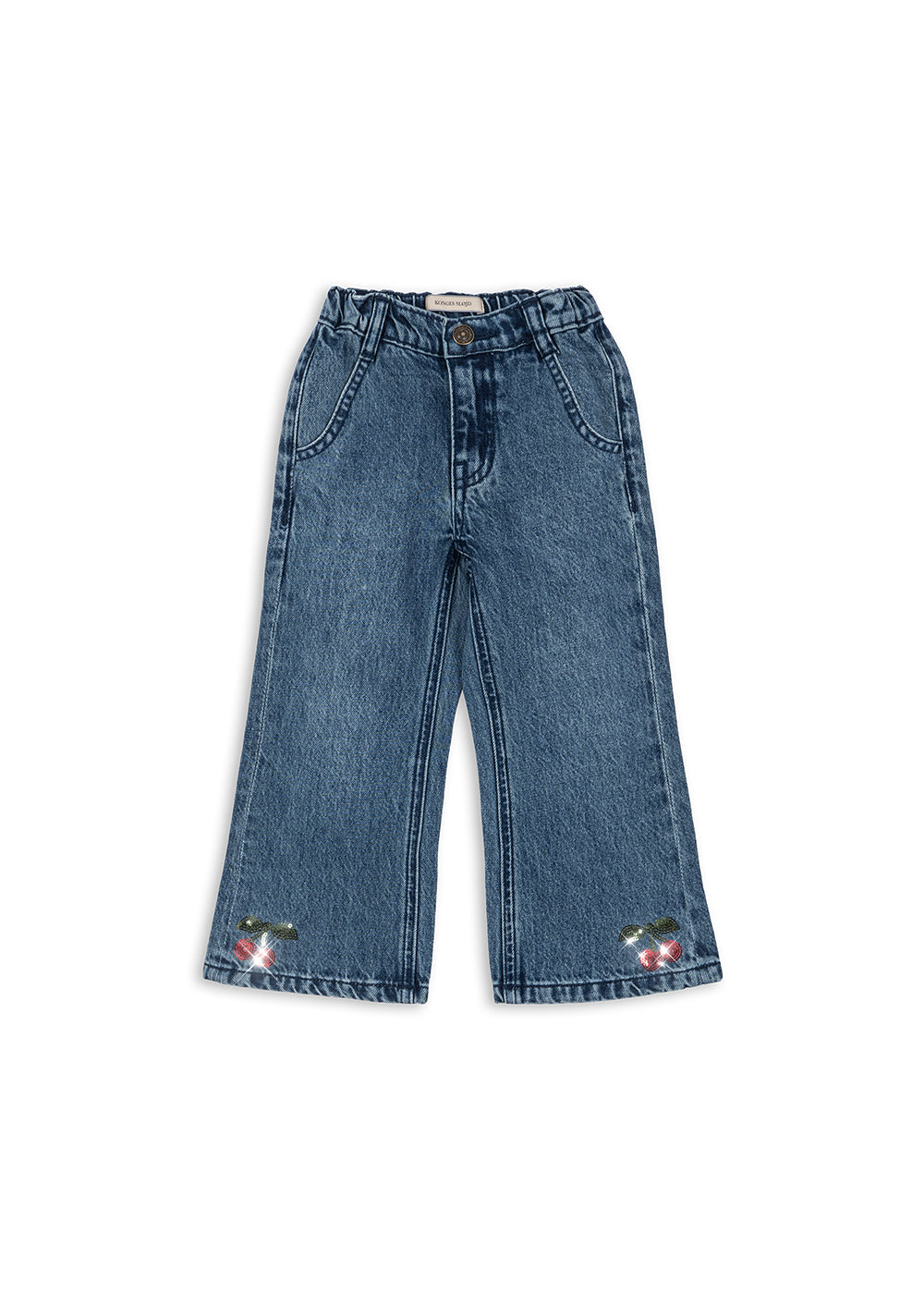 blaue Jeans für Mädchen aus Bio-Baumwolle mit weitem Bein und Kirschen aus Pailletten am Fuß