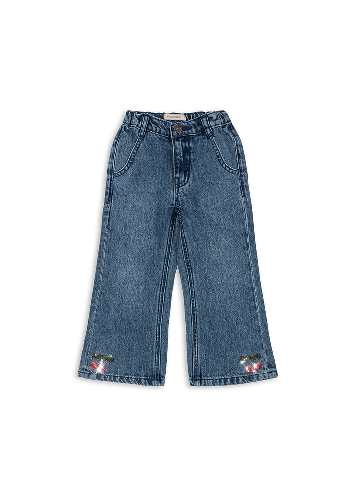 blaue Jeans für Mädchen aus Bio-Baumwolle mit weitem Bein und Kirschen aus Pailletten am Fuß