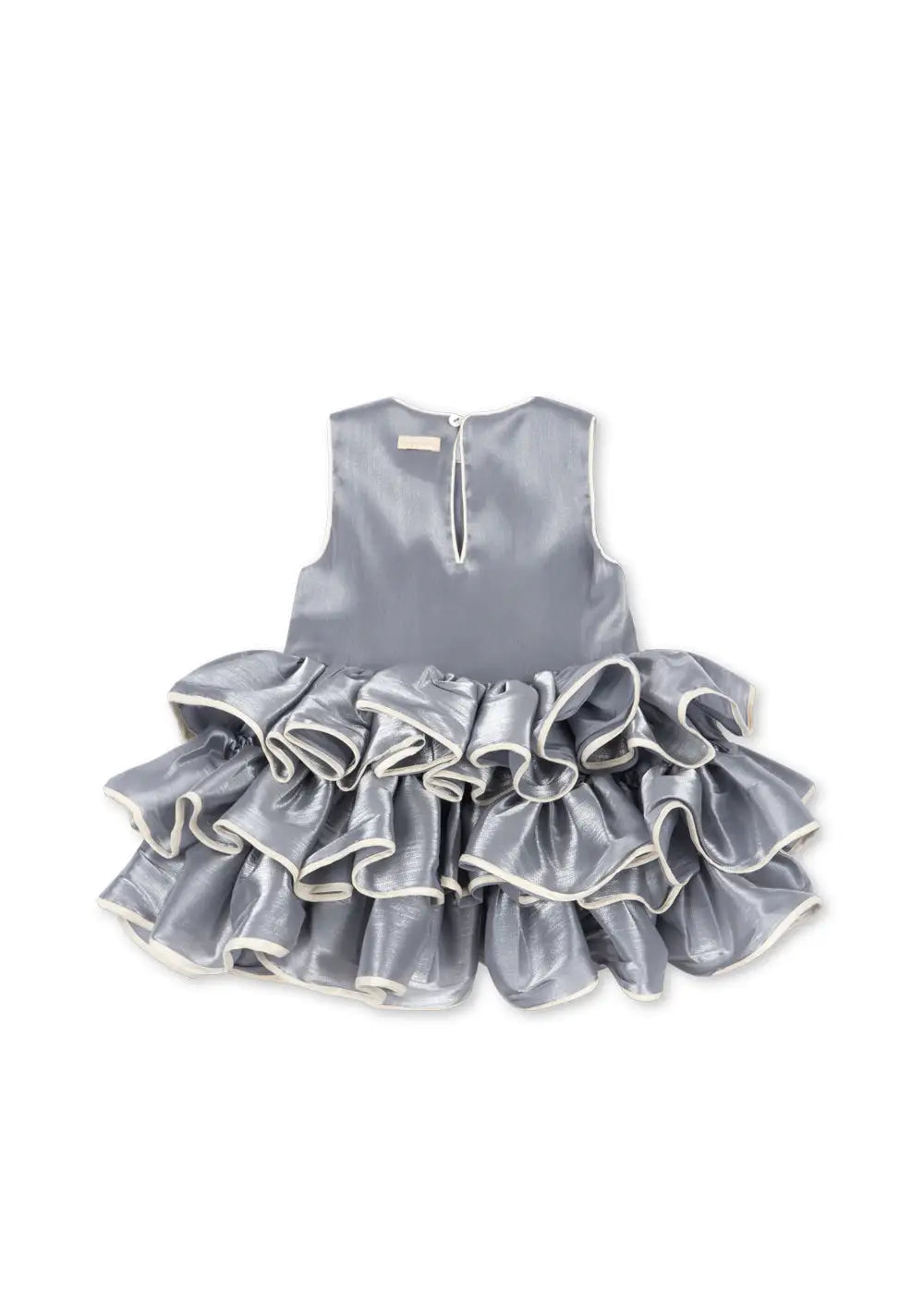 Konges Slojd Fia Frill Dress GRS sleet Produktbild, Ansicht der Rückseite, kleiner Knopfverschluss im Nacken. 