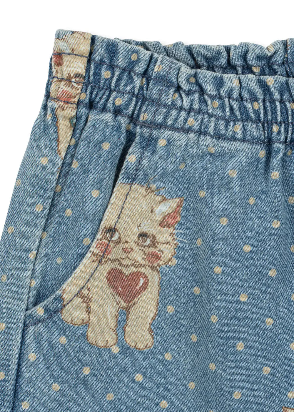 Konges Slojd Magot Frill Pants GOTS ciao miao Detailansicht Gummibund und Katzenprint. 