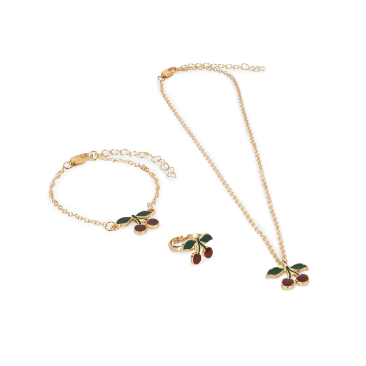 goldfarbenes Schmuckset für Mädchen Kette, Armband, Fingerring mit Kirsche