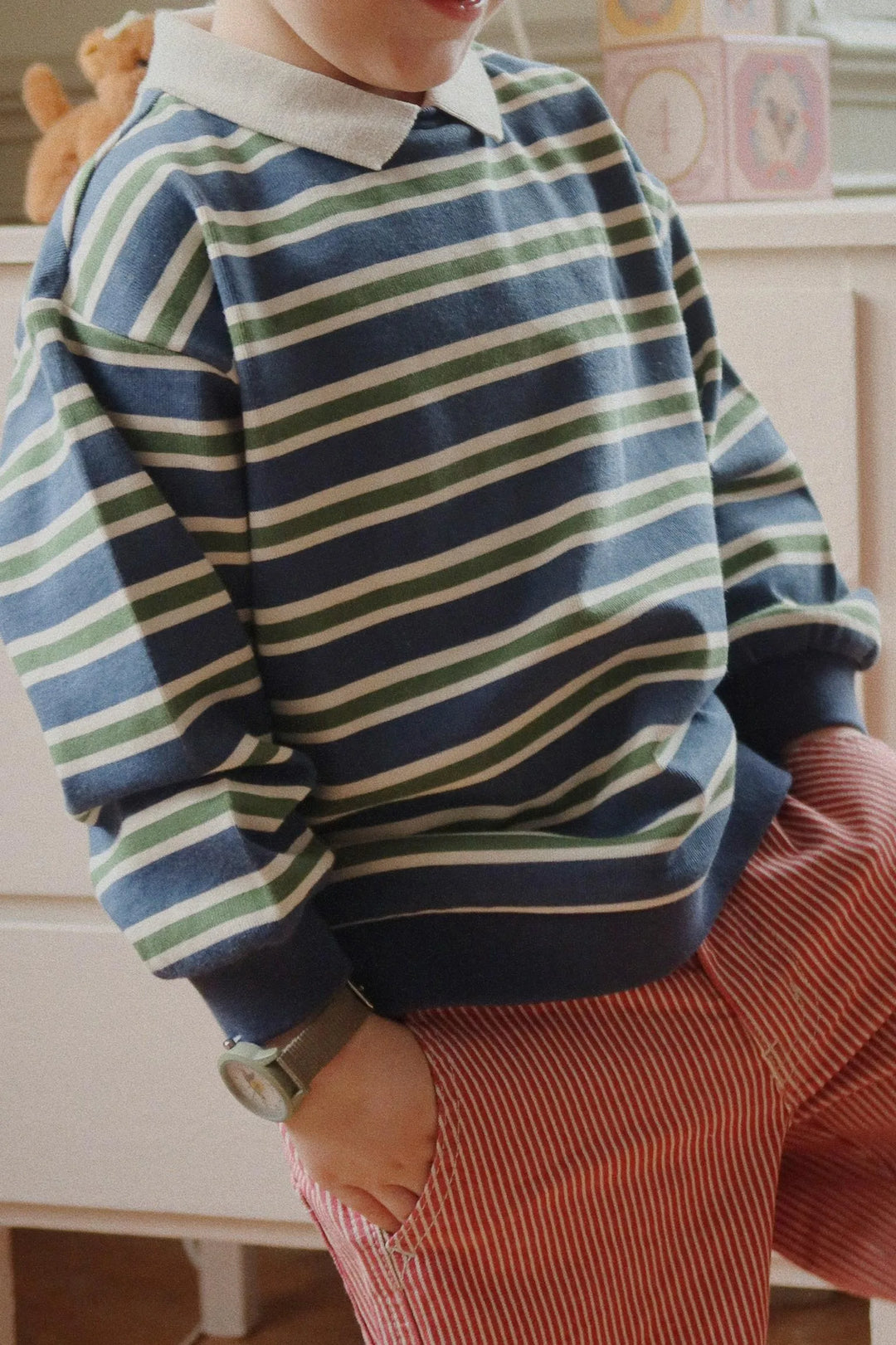 blau grün gestreiftes Poloshirt mit Kragen für Jungen aus Bio-Baumwolle mit Ripp-Bündchen