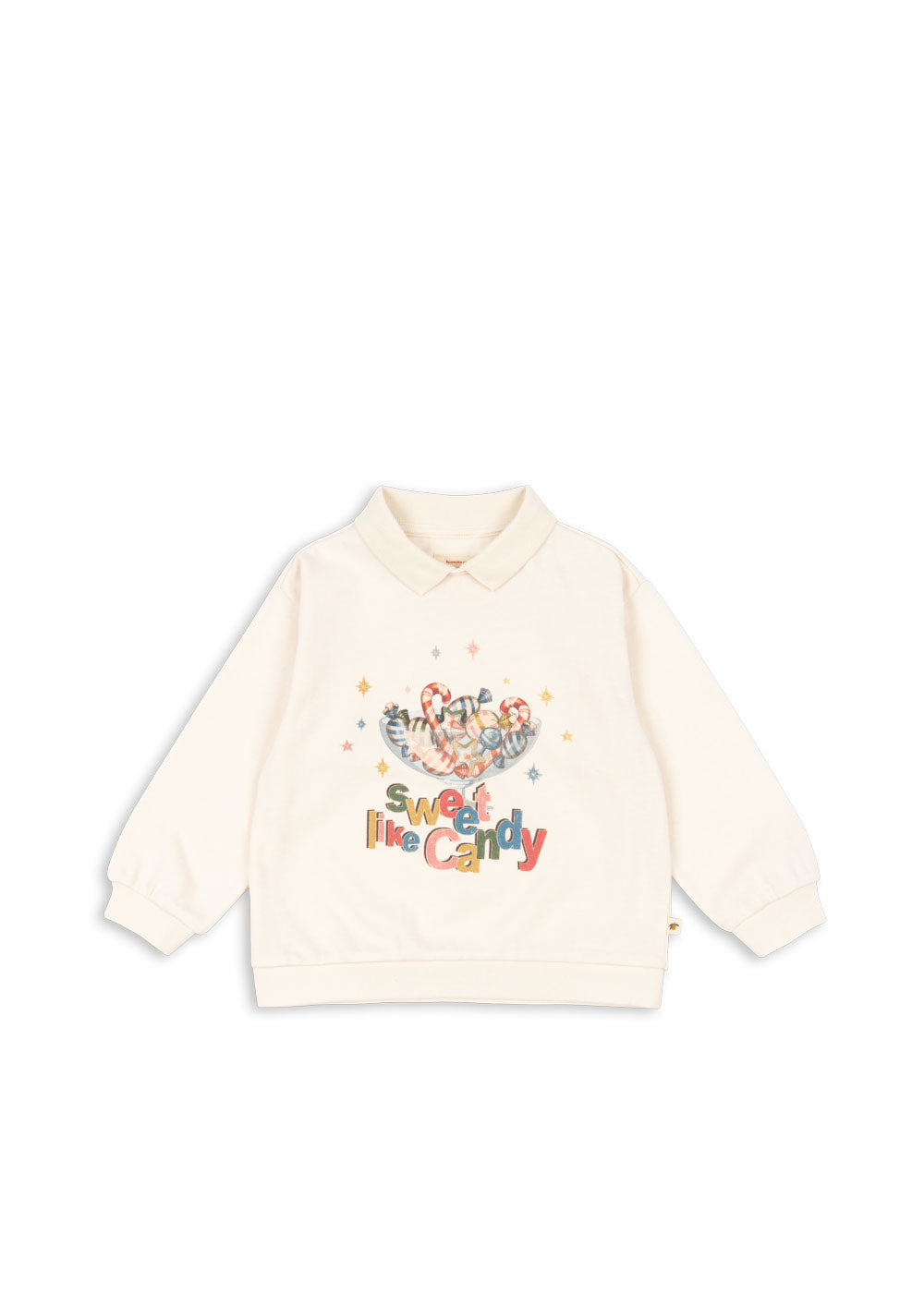 cremefarbenes Poloshirt für Mädchen aus Bio-Baumwolle mit Kragen und buntem Weihnachtsbonbon-Motiv