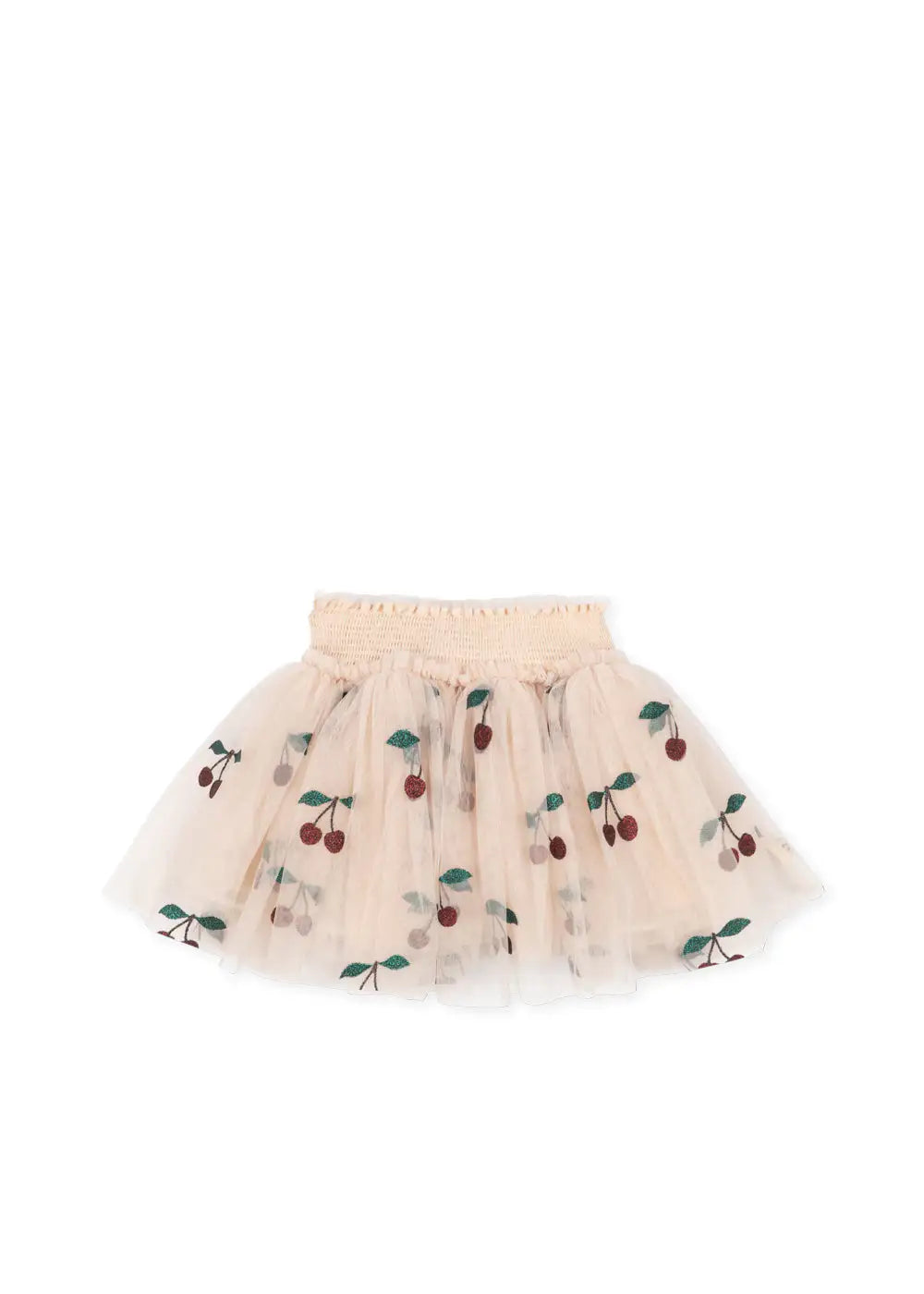 Cremefarbener, Voluminöser Tüllrock für Kleinkinder und Kinder mit einer gesmokten Taille und einem Allover-Print in Form von glitzernden Kirschen. Produktbild, Ansicht von vorne. 