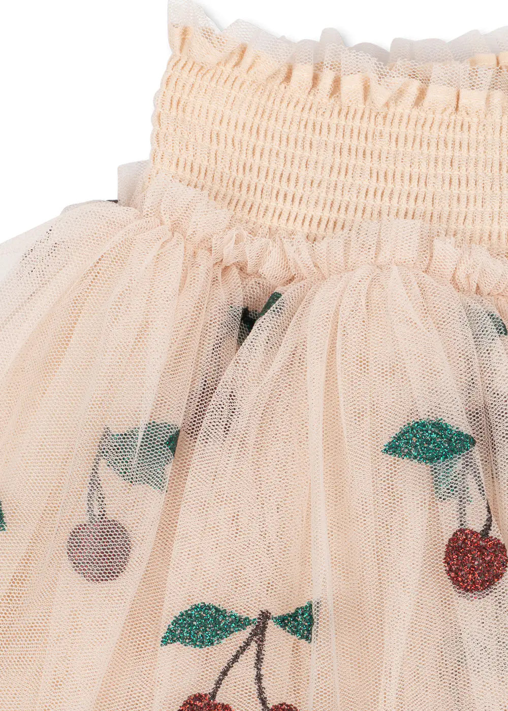 Konges Slojd Tullie Smock Skirt GRS ma grande cerise glitter Detailansicht gesmokter, flexibler Bund und Glitzerkirschen. 