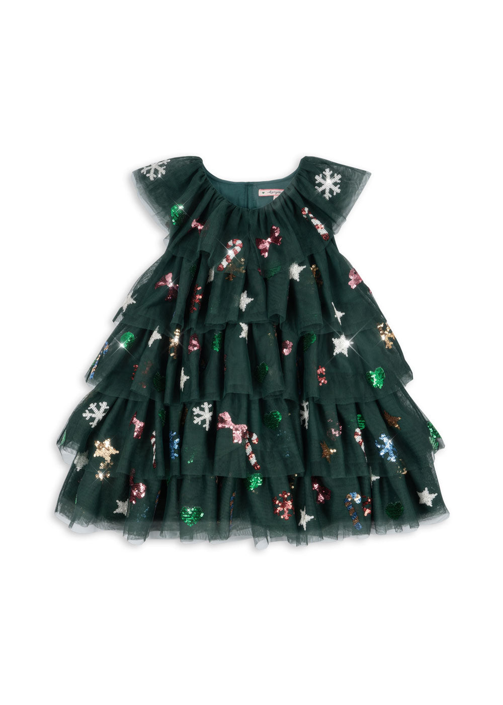 grünes Kleid für Mädchen aus Tüll mit Stufenrock ärmellos und Weihnachtsmotiven aus bunten Pailletten