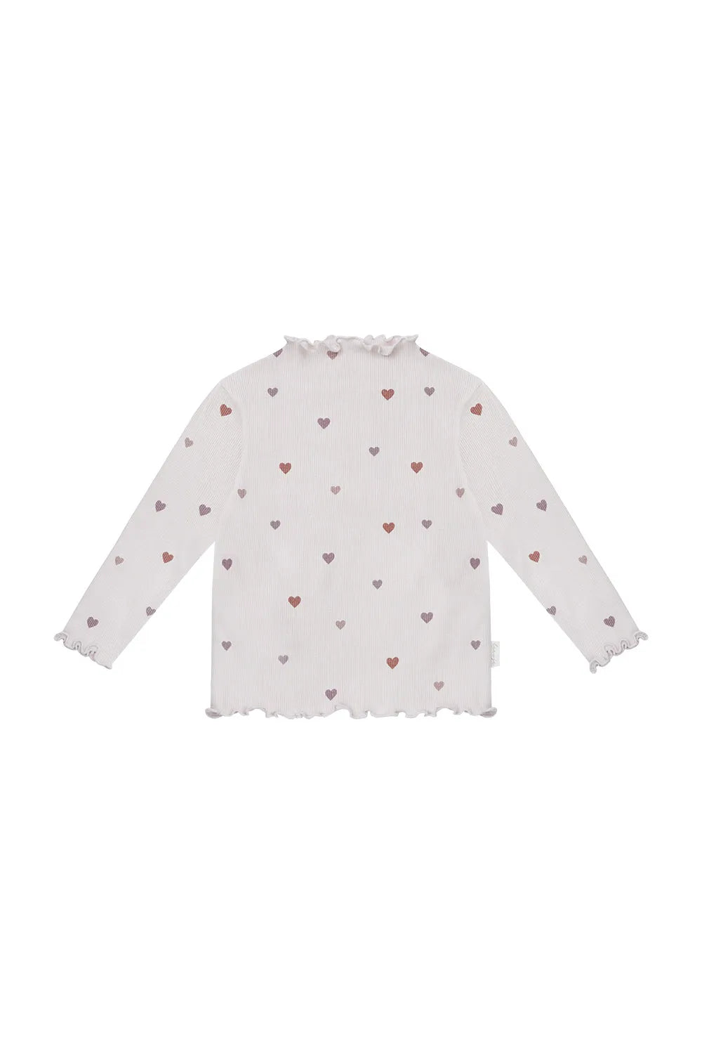 hell-lilafarbenes Langarmshirt für Mädchen aus 100% Bio-Baumwolle mit Allover-Herz-Print und gerüschtem Turtleneck in gerippter Jersey-Qualität.