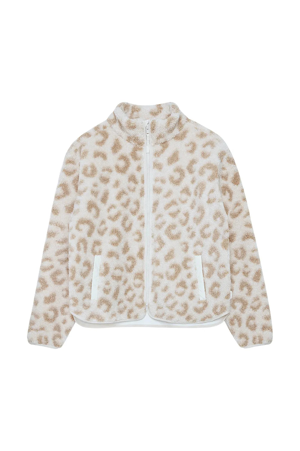 cremefarbene Teddy Fleecejacke mit hellbraunem Leo-Print, Stehkragen, Reißverschluss, seitliche Eingriffstaschen, oversized Style, Ansicht von vorne