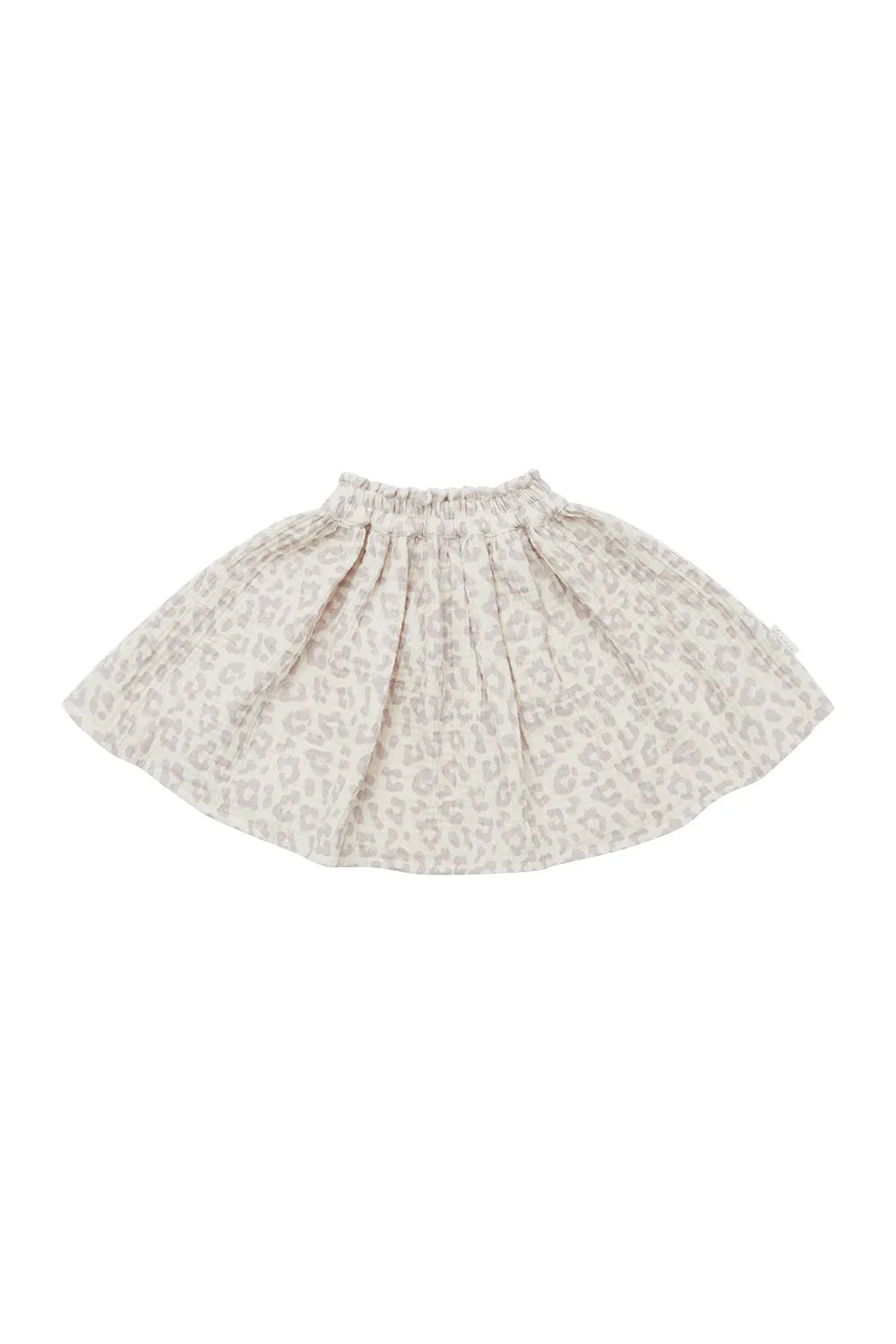 cremefarbener Rock aus 100% Bio-Baumwolle-Musselin mit fliederfarbenem Allover-Leo-Print und breitem Gummibund, ausgestellt, Produktbild Ansicht von vorne