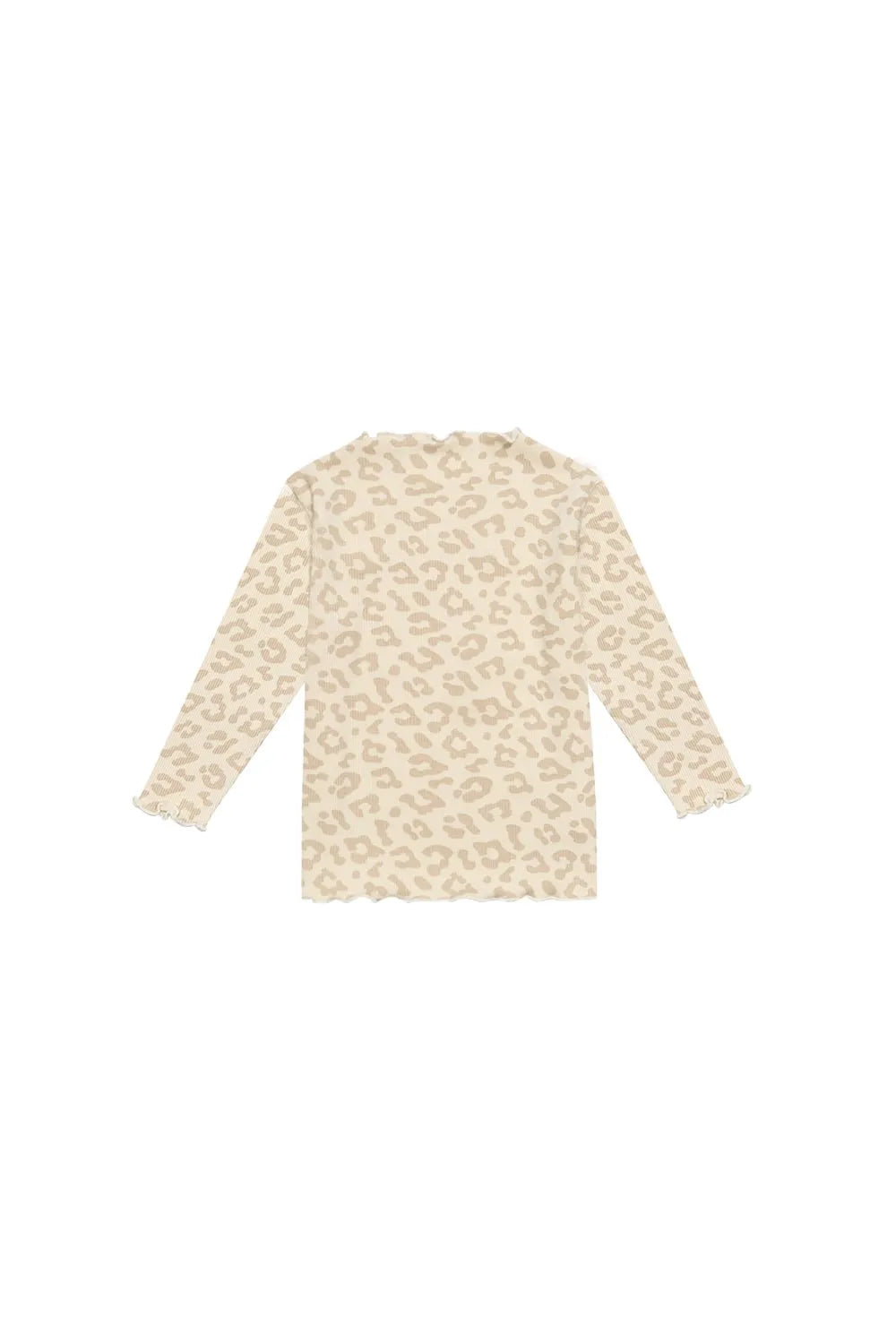 cremefarbenes Langarmshirt für Mädchen aus Bio-Baumwolle mit beigefarbenem Allover-Leo-Print, gerüschtem Stehkragen und gerüschten Säumen, in gerippter Jersey-Qualität