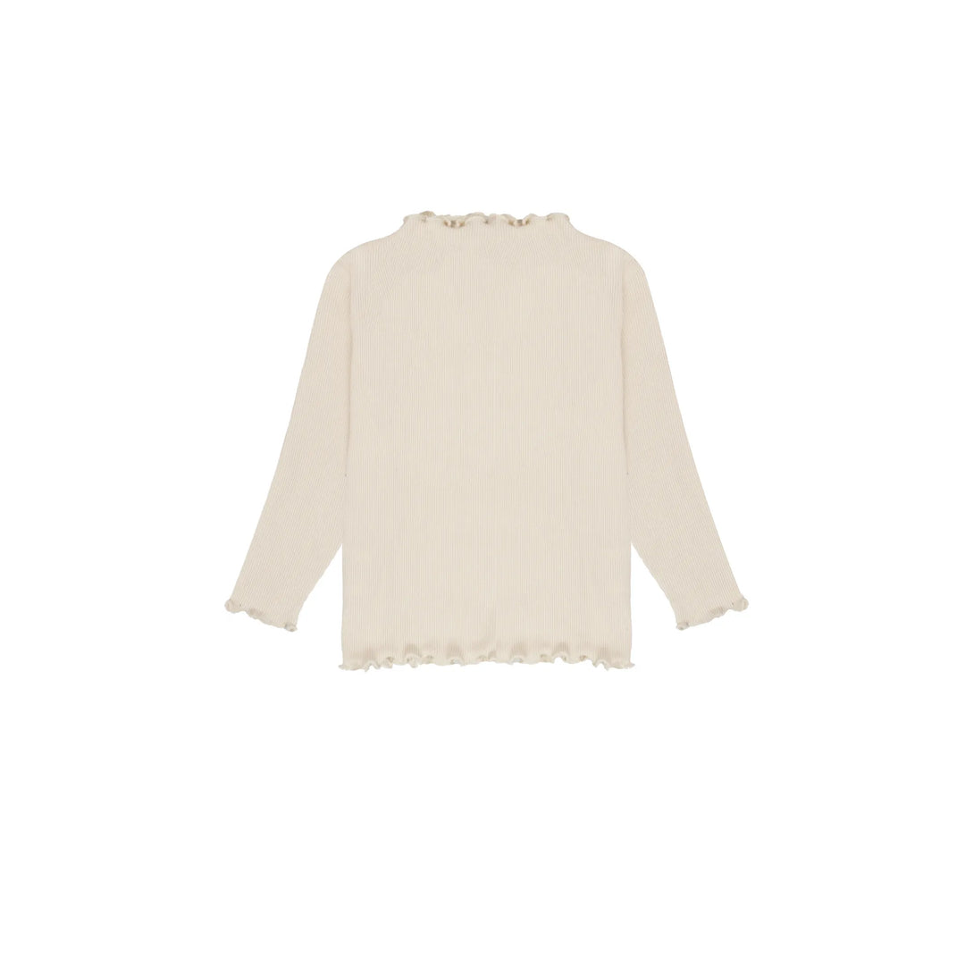 beigefarbenes Langarmshirt für Mädchen aus Bio-Baumwolle mit gerüschtem Turtleneck in gerippter Jerseyqualität