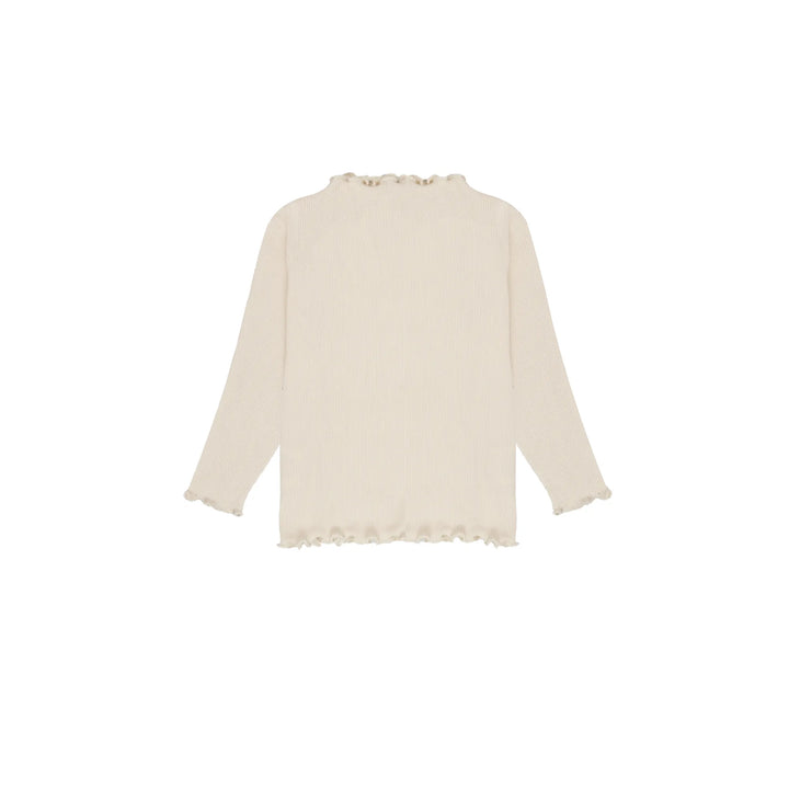 beigefarbenes Langarmshirt für Mädchen aus Bio-Baumwolle mit gerüschtem Turtleneck in gerippter Jerseyqualität