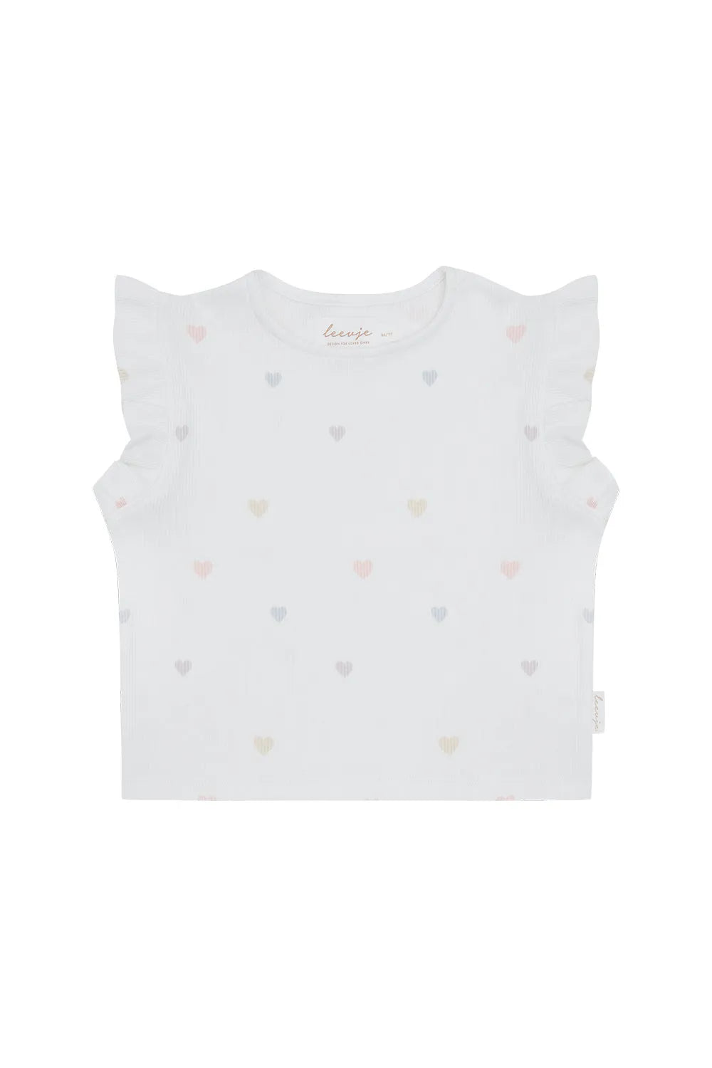weißes ärmelloses Top für Mädchen aus Bio-Baumwolle mit aufgedruckten bunten Herzen und Rüschen an den Armausschnitten, Rundhalsausschnitt und gerippte Jersey-Qualität