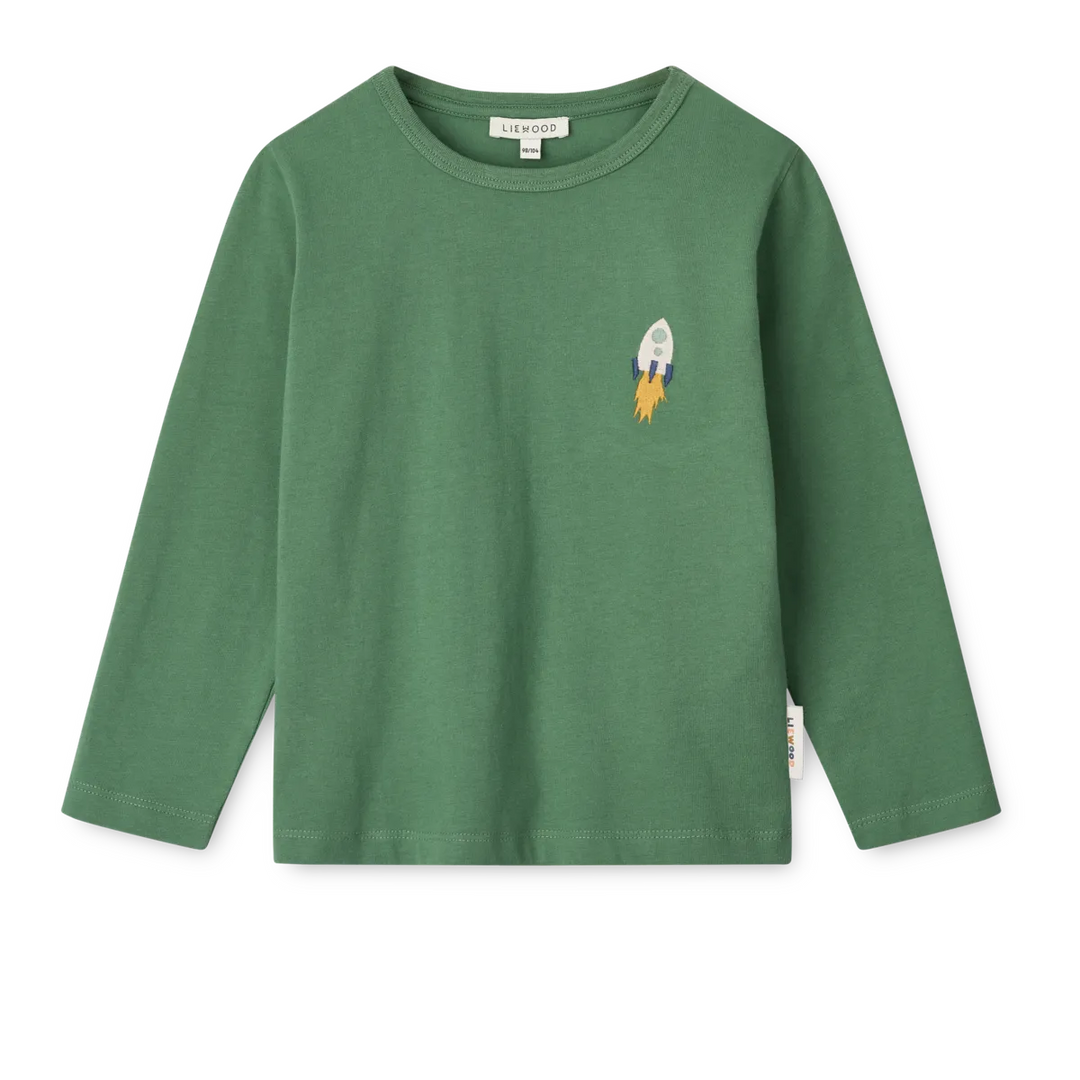Liewood Apia Rakete Stickerei grün Aufdruck love my planet