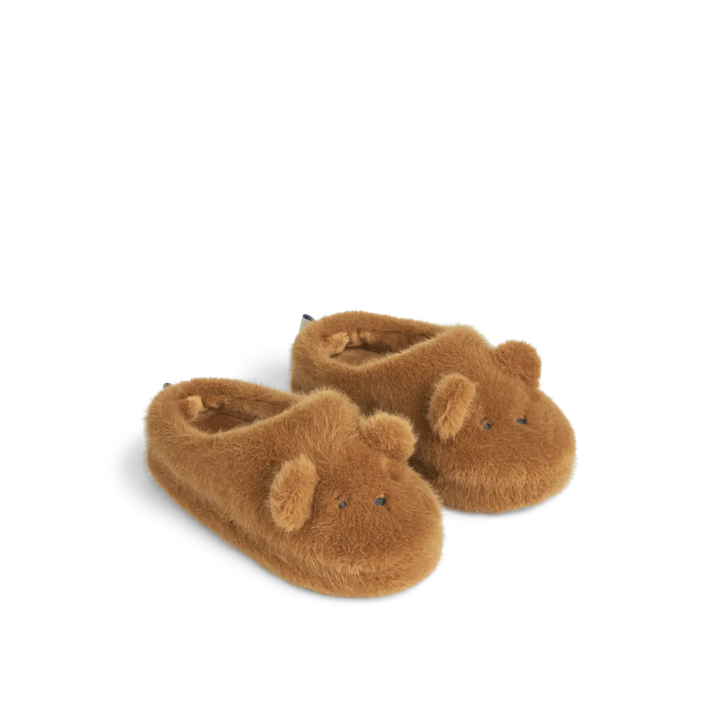 Hausschuhe für Kinder aus Plüsch in goldbraun in Form eines Teddy-Gesichts