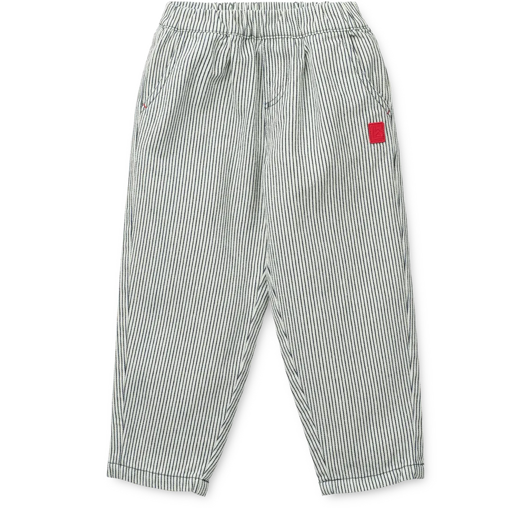 weiß blau gestreifte Jeans für Kinder aus Baumwolle mit geradem Bein, Gummibund und seitlichen Eingriffstaschen 