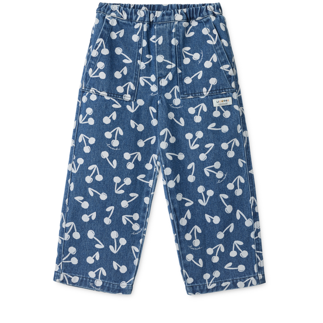 blaue Jeans für Mädchen aus Baumwolle mit Gummibund und weitem Bein sowie Kirsch-Print in weiß