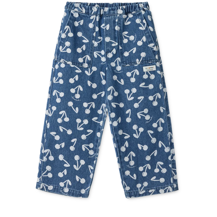 blaue Jeans für Mädchen aus Baumwolle mit Gummibund und weitem Bein sowie Kirsch-Print in weiß