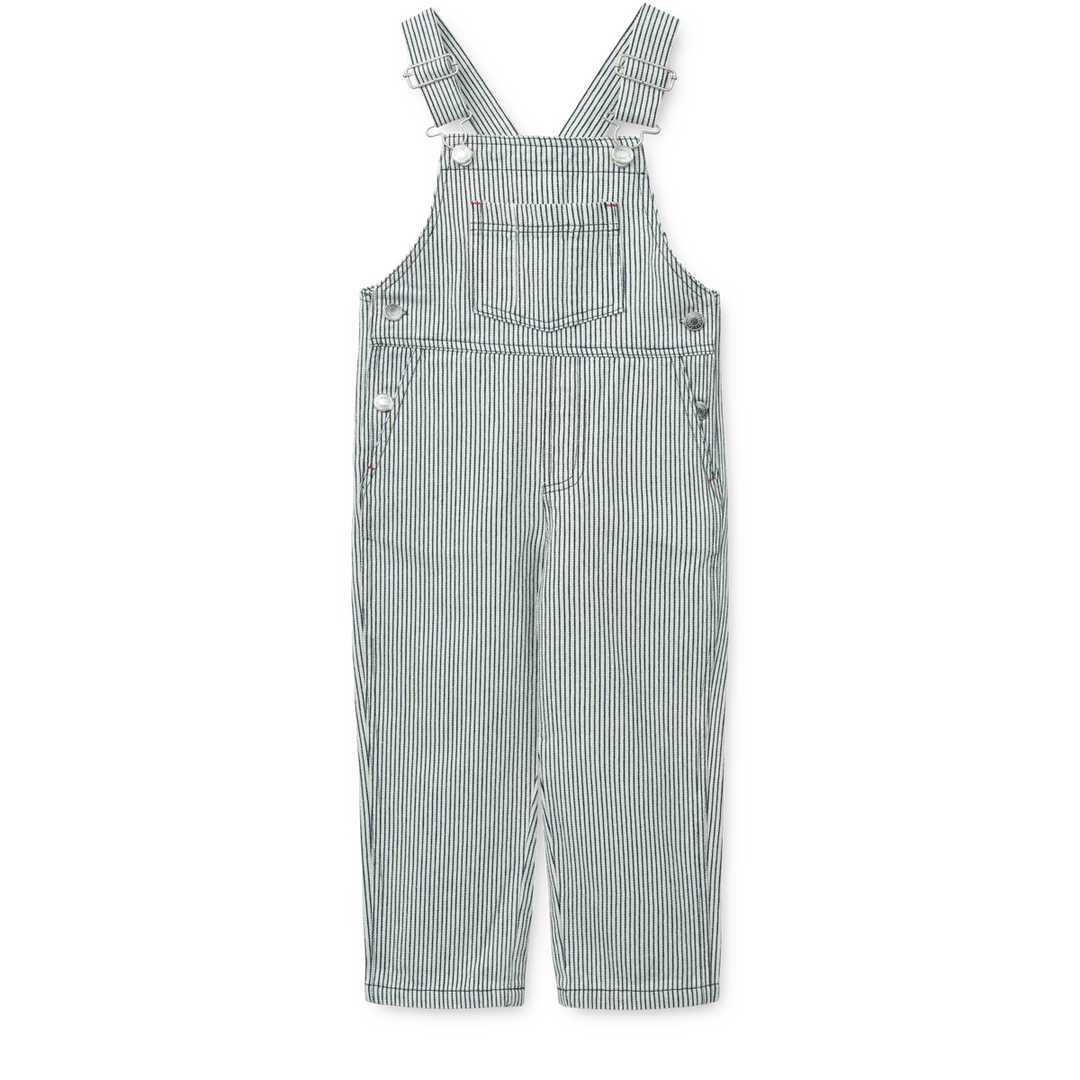 weiß blau gestreifte Jeans-Latzhose für Kinder aus Baumwolle mit Tasche auf dem Bauch und seitlichen Eingriffstaschen