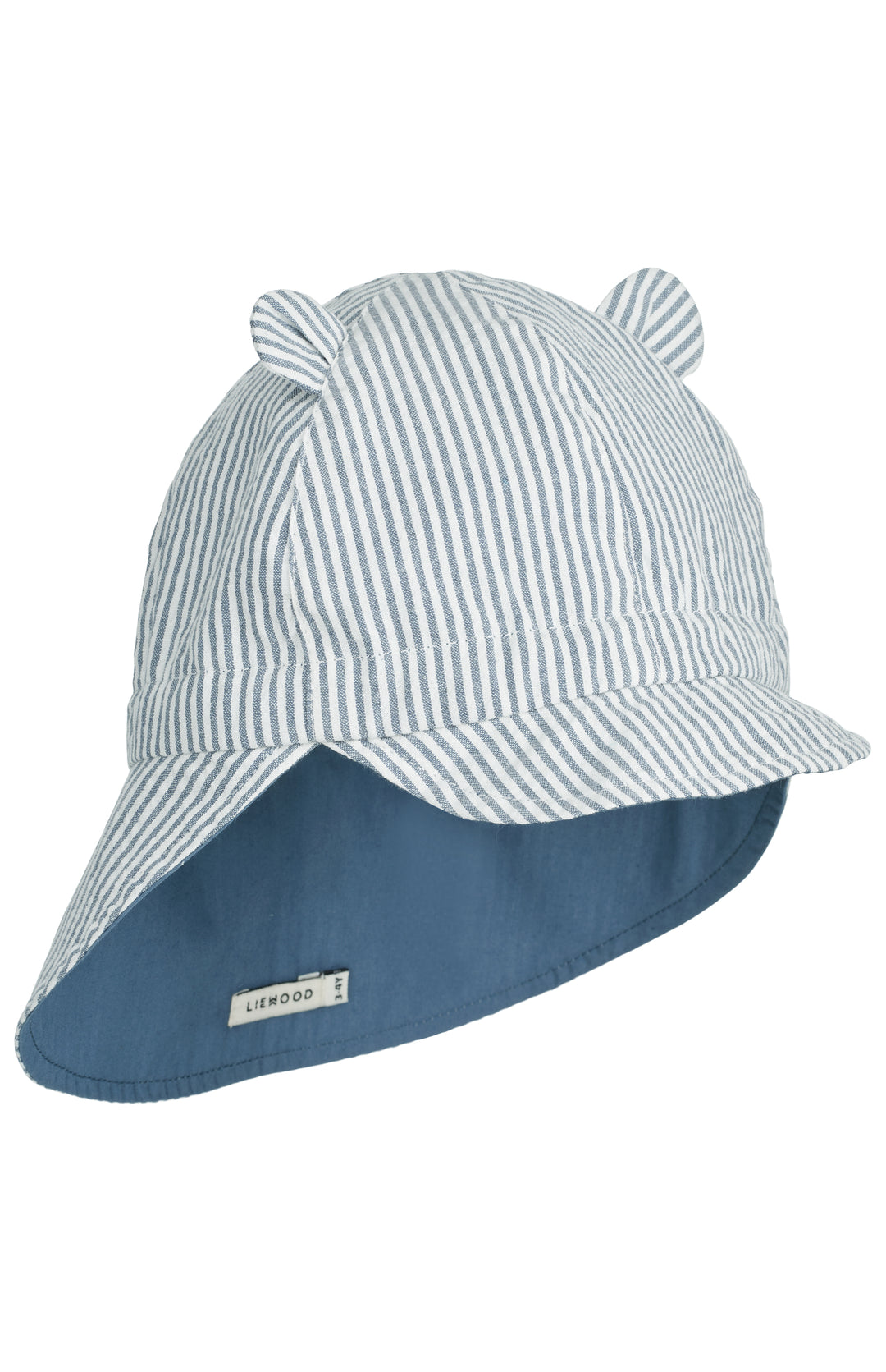 blau-weiß gestreifter Sonnenhut für Babys aus Bio-Baumwolle mit Nackenschutz und Teddy-Ohren, Kordel zum Binden, wendbar, dann einheitlich blau. Produktbild, Ansicht von der Seite / vorne