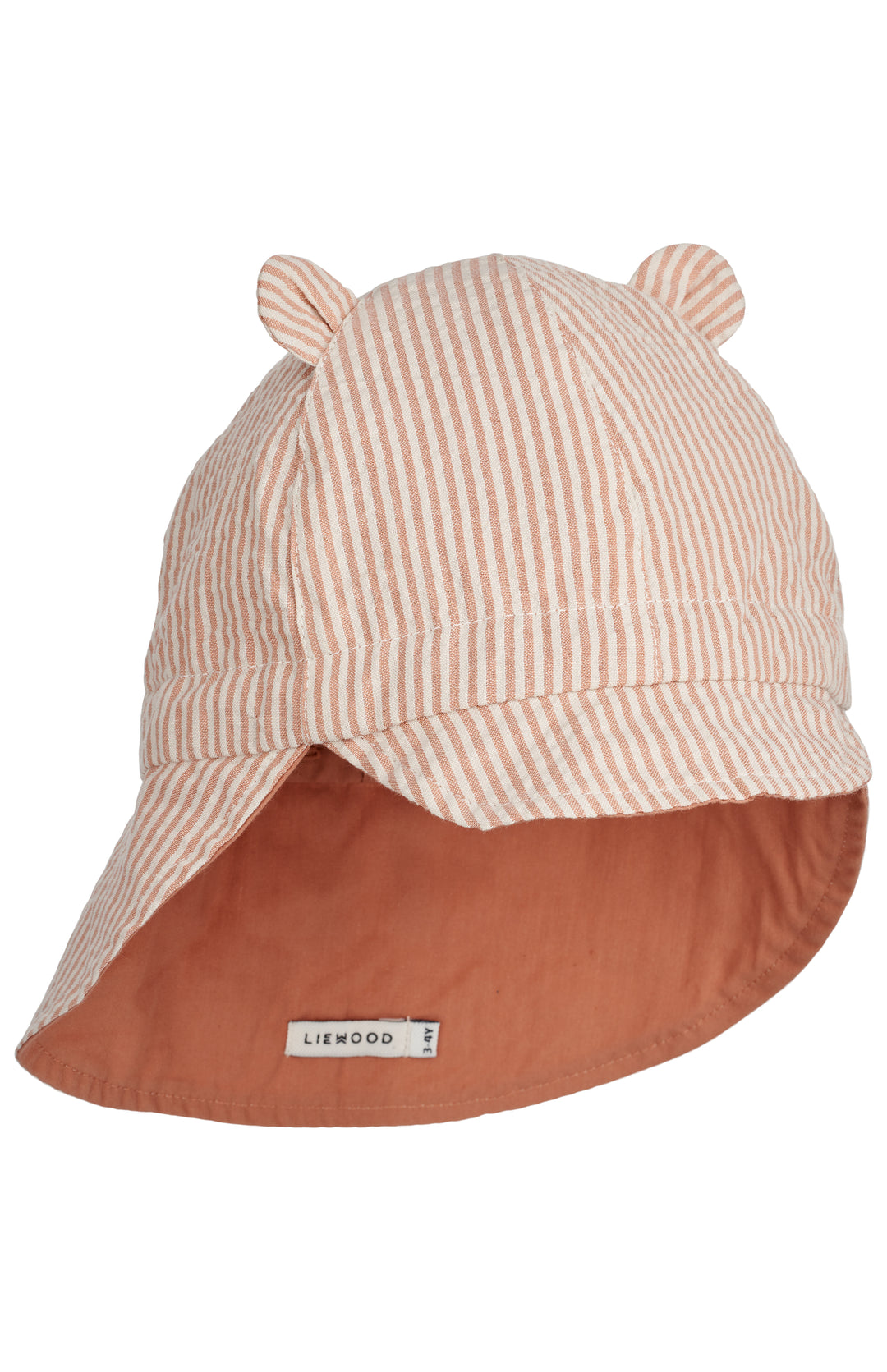 rose-weiß gestreifter Sonnenhut für Babys aus Bio-Baumwolle mit Nackenschutz und Teddy-Ohren, Kordel zum Binden, wendbar, dann einheitlich rose. Produktbild, Ansicht von der Seite / vorne