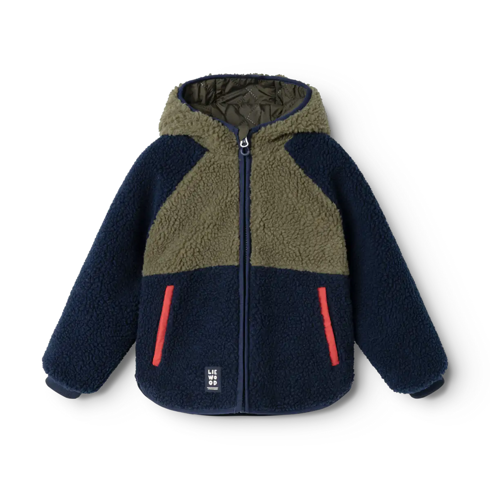 Liewood Jackson Reversible Jacket army brown classic navy Produktbild, Ansicht der Teddyfell-Seite von vorne. 