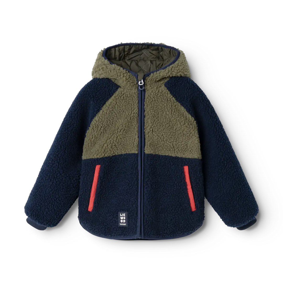 Liewood Jackson Reversible Jacket army brown classic navy Produktbild, Ansicht der Teddyfell-Seite von vorne. 