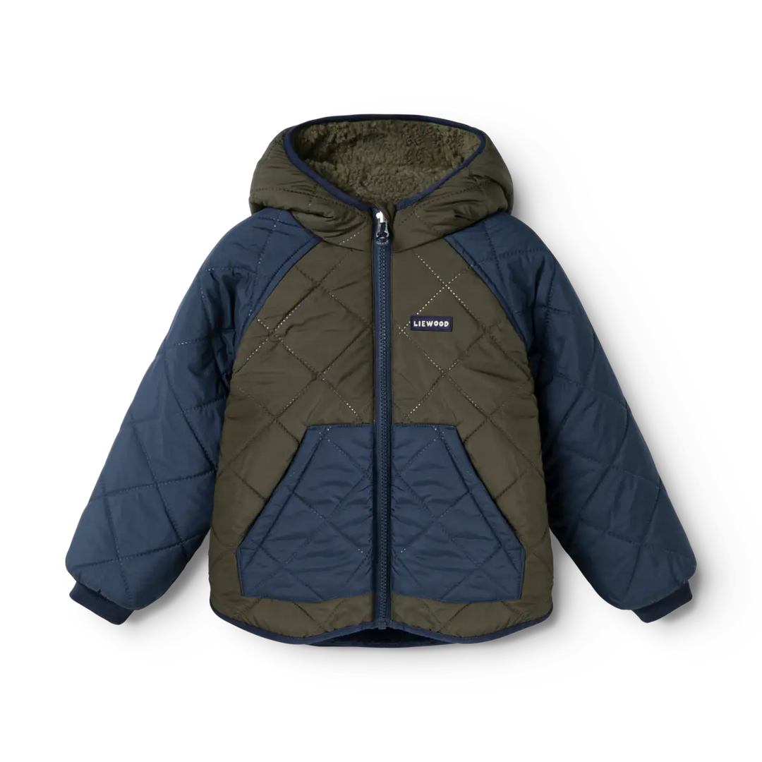 Liewood Jackson Reversible Jacket army brown classic navy Produktbild, Ansicht der glatten, wasserabweisenden Seite von vorne. 