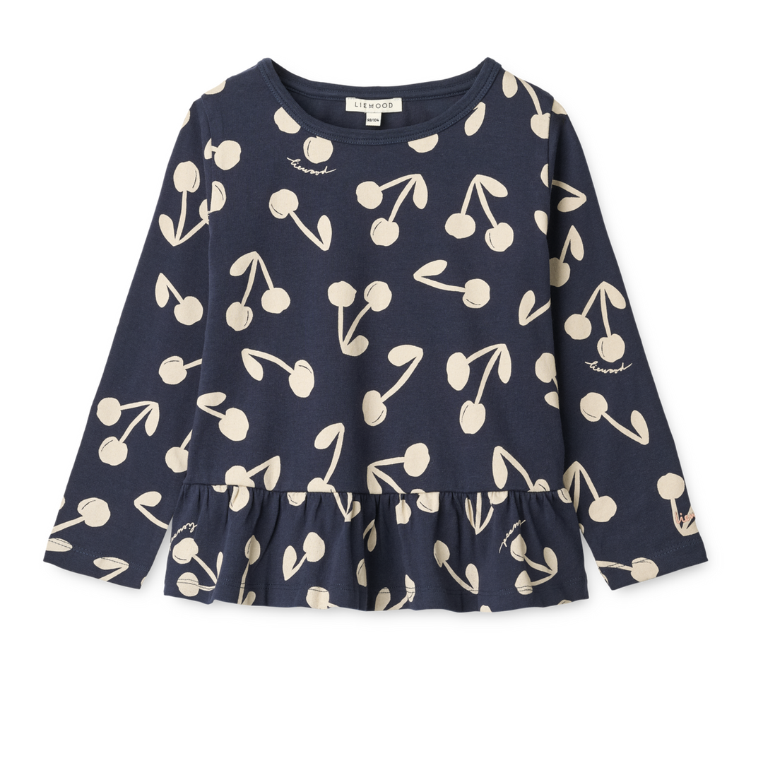 Langarmshirt im Peplum-Stil für Mädchen aus Bio-Baumwolle in dunkelblau mit weißem Kirsch-Muster