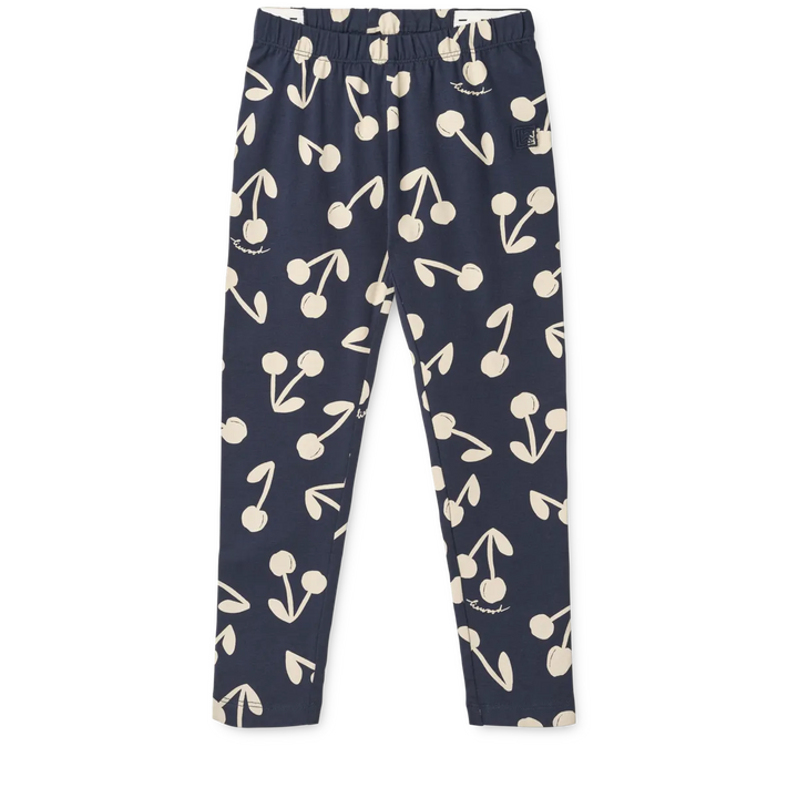 Leggings für Mädchen aus Bio-Baumwolle in dunkelblau mit cremefarbenem Kirsch-Print