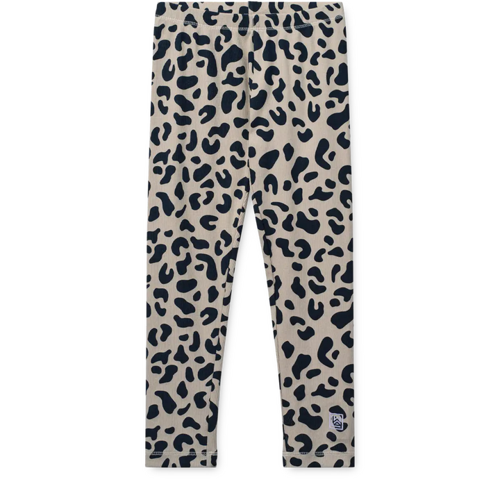dunkelbeigefarbene, gerippte Leggings aus Baumwolljersey mit schwarzem Leopardenmuster-Allover-Print. Eng anliegendes Bein und Gummibund. Fliederfarbenes Logo-Stitch am linken Fuß. 