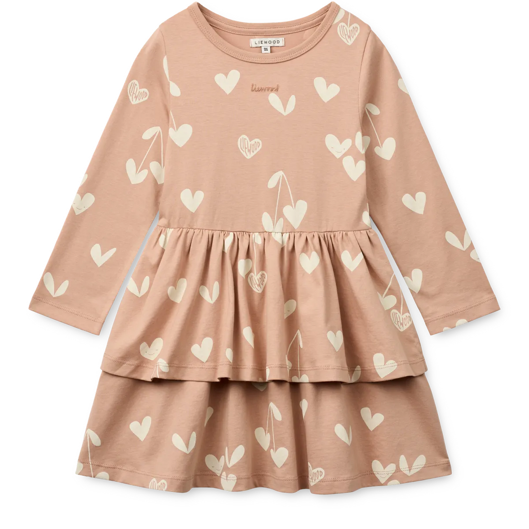 altrosefarbenes Kleid für Mädchen aus Bio-Baumwolle in Jersey-Qualität mit langen Ärmeln und einem Stufenrock sowie einem Allover Herz Print in creme