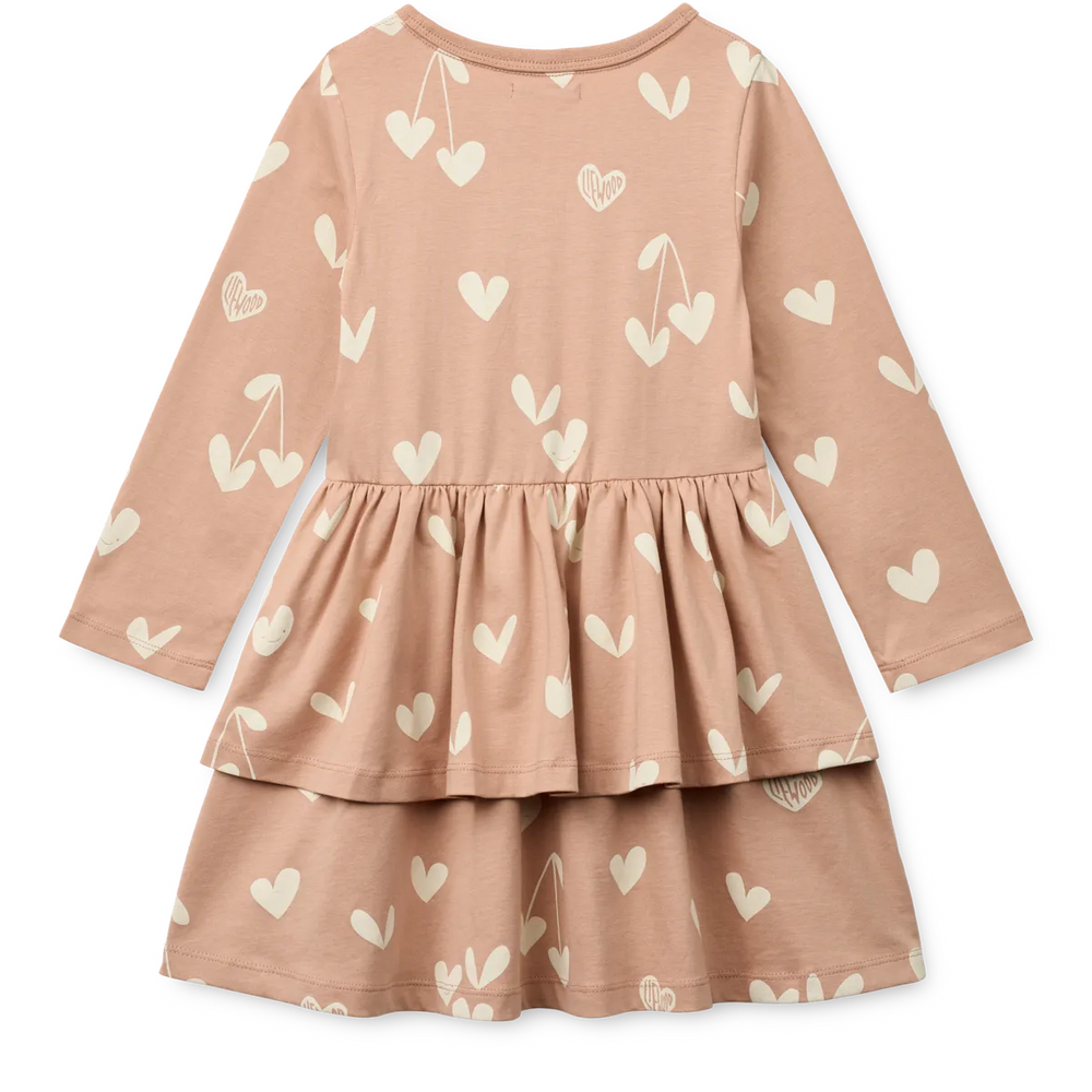 Liewood Mindy LS Dress sweethearts pale tuscany Ansicht von hinten mit Blick auf den auch hier fortgesetzten Allover Herz Print 