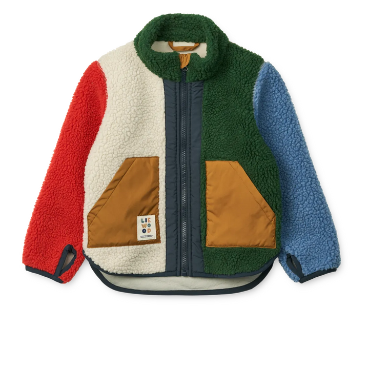 Fleecejacke für Jungen aus recyceltem Polyester im Colorblocking-Design in rot, creme, grün und blau
