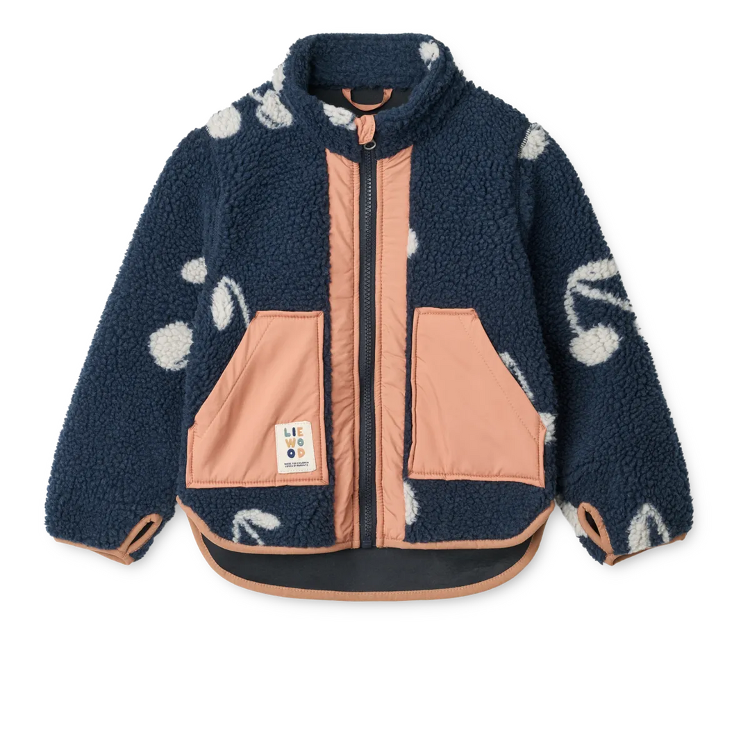 blaue Fleecejacke für Mädchen mit weißem Kirsch-Print aus recyceltem Polyester mit rosafarbenen Taschen und Nähten