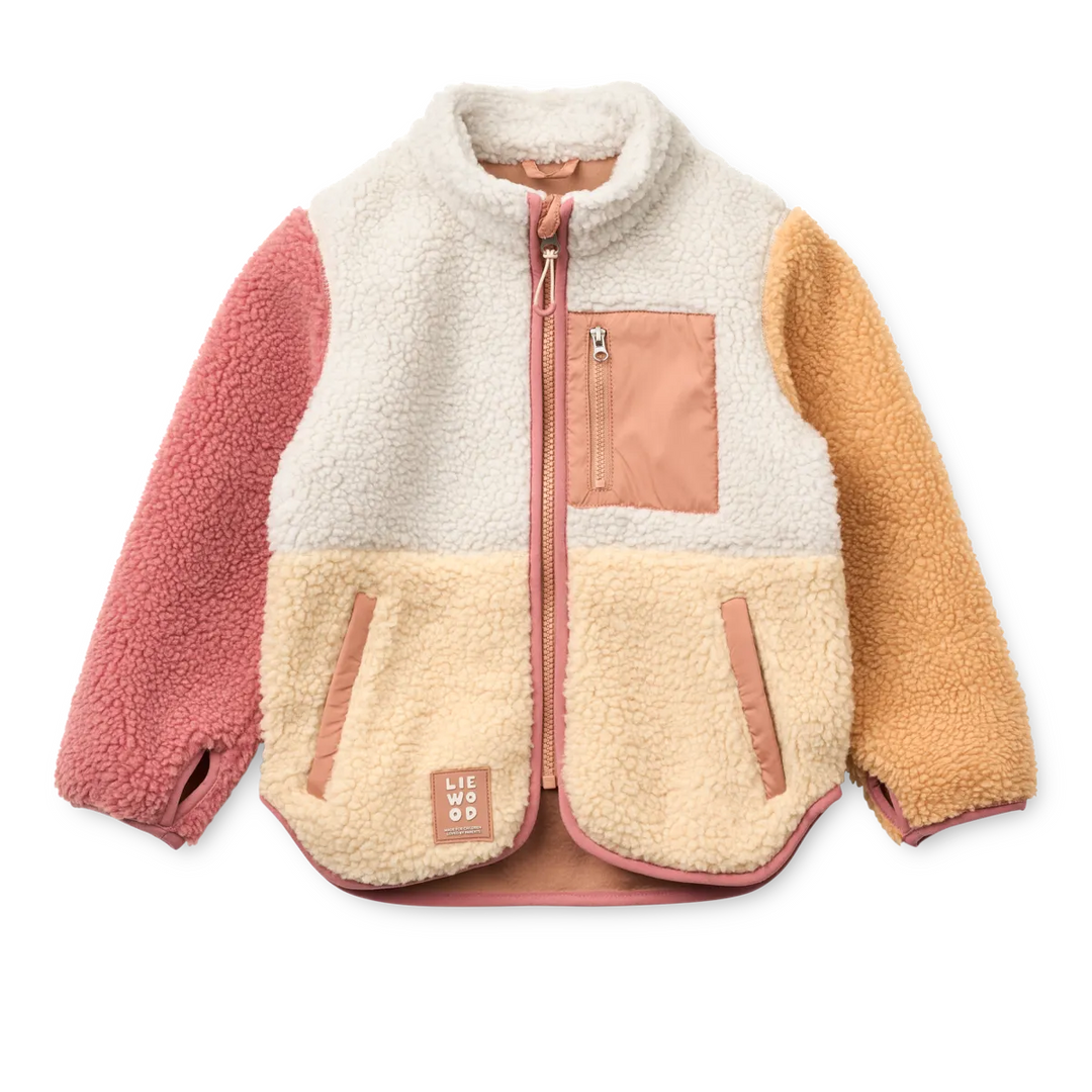 Fleecejacke für Mädchen aus recyceltem Polyester mit Stehkragen, Reißverschluss und Eingriffstaschen in Pastellfarben gelb, orange, rosa