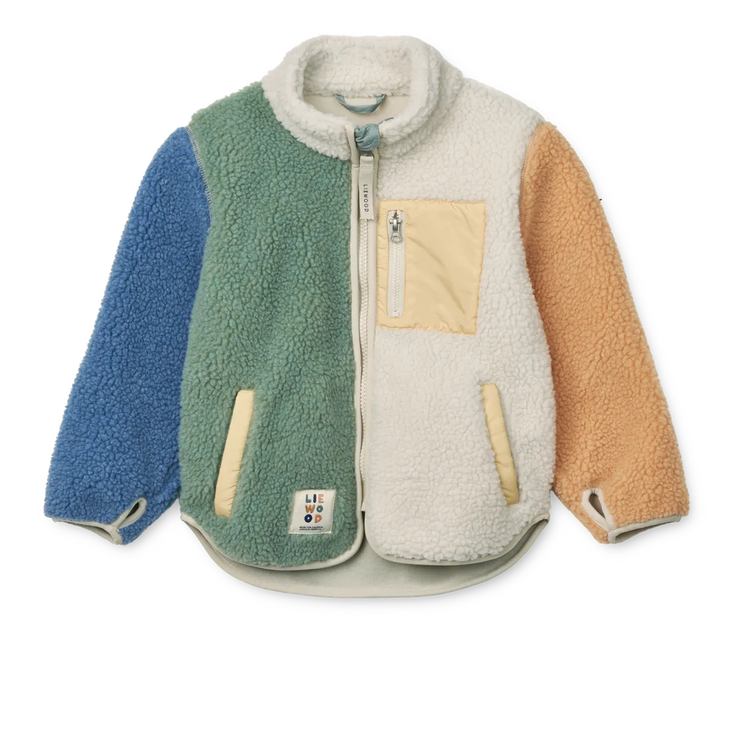 Fleecejacke in Teddyfell-Optik für Kinder und Kleinkinder aus recyceltem Polyester mit Stehkragen, durchgehendem Reißverschluss und Eingriffstaschen im bunten Pastell-Farbmix